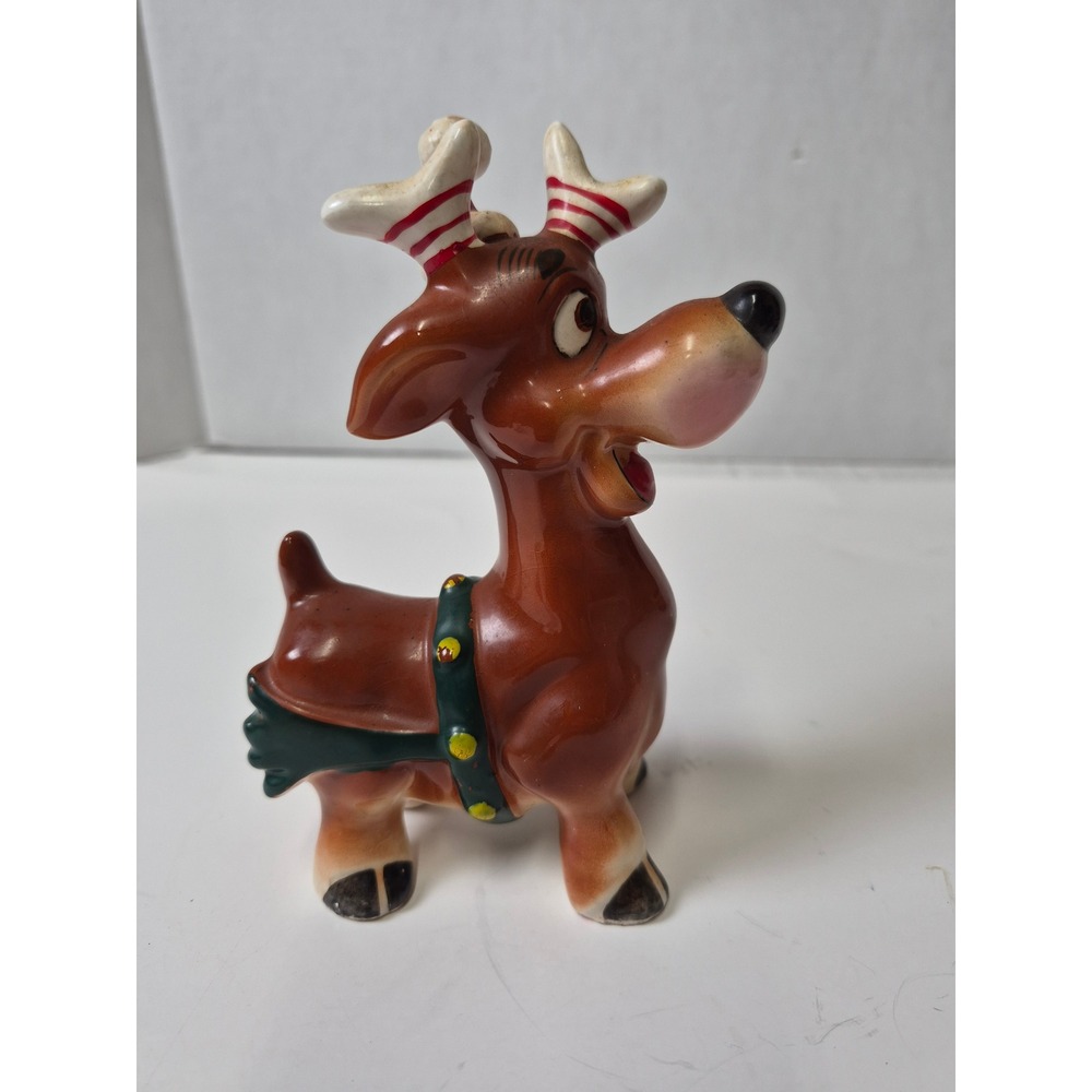 Vintage Ceramic Reindeer Figurine Santa Hat Striped Antlers Christmas Decor